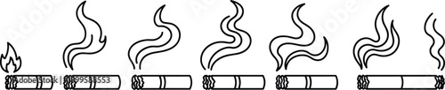 Smoking cigarette stages icon set in minimal outline style, illustrating burning tobacco, smoke levels, and cigarette consumption progression for health and warning design