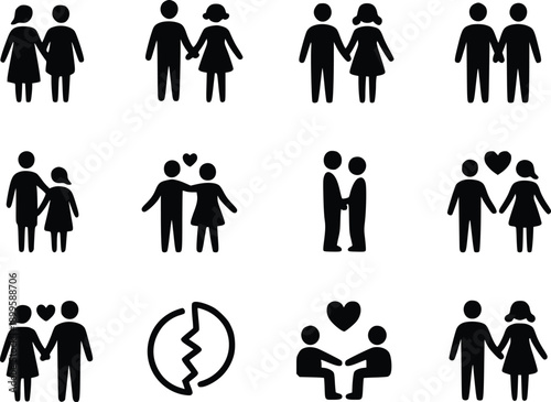 Various icons depicting human relationships and interactions in black and white