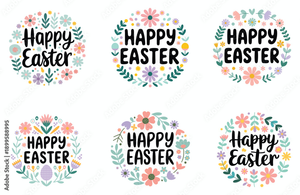 Fototapeta premium Happy Easter floral round badges set with hand drawn calligraphy text vector illustration