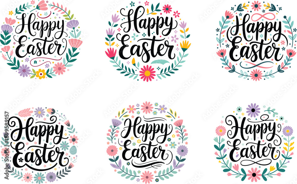 Fototapeta premium Happy Easter floral round badges set with hand drawn calligraphy text vector illustration