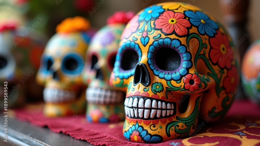Fototapeta premium Decorated sugar skull calavera colorful intricate, Day of the Dead traditional folk art, bright patterns flowers swirls detailed, Mexican cultural symbol celebration spiritual