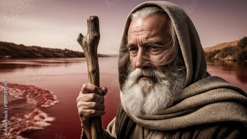Old man Moses looking at the red river in Egypt. First plague of blood, concept for religious illustration and biblical story.