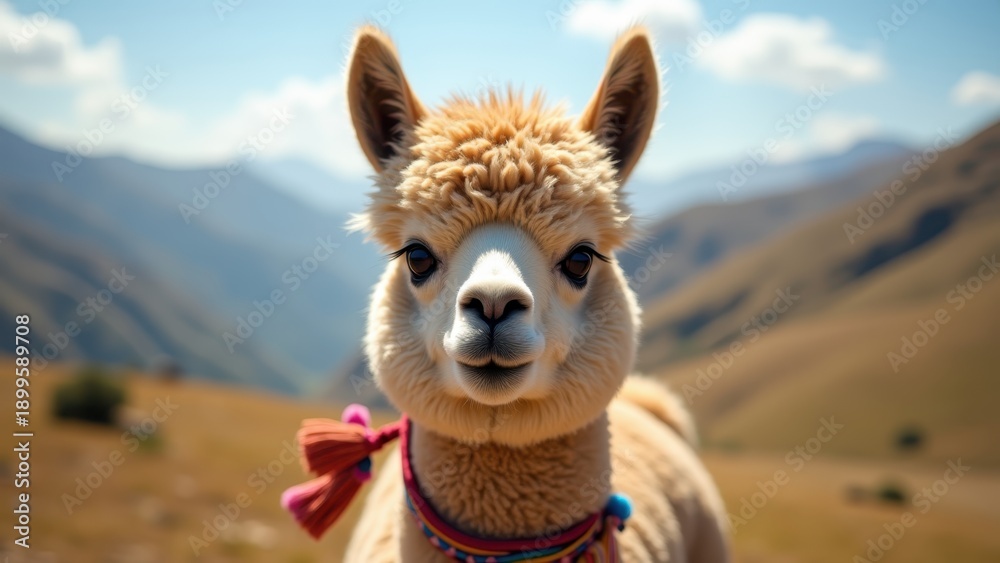 Fototapeta premium Cute fluffy alpaca llama portrait Andean highlands, soft wool colorful traditional decorative tassels, Peruvian cultural symbol adorable animal