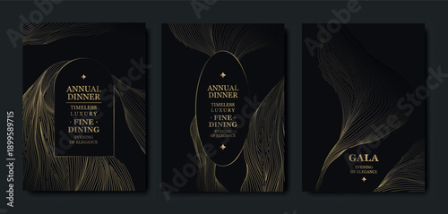 Elegant black background, gold line pattern, gala cards, premium invitations. Luxury abstract vector template, geometric shapes, wavy design, VIP events, business dinners, weddings, posters, flyers