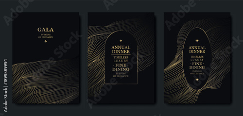 Elegant black background, gold line pattern, gala cards, premium invitations. Luxury abstract vector template, geometric shapes, wavy design, VIP events, business dinners, weddings, posters, flyers