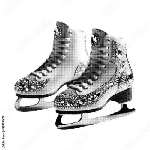 Pair of ice skate boots with blade in black and white halftone illustration, isolated on white background, winter sport equipment concept for skating, hockey, and seasonal design.