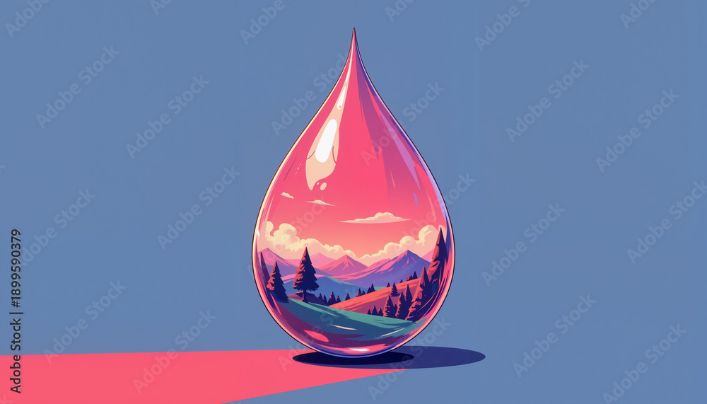 Obraz premium Colorful water droplet containing vivid landscape illustration, depicting mountains, trees, and serene nature scene. Concept of nature, environment, and artistic expression.