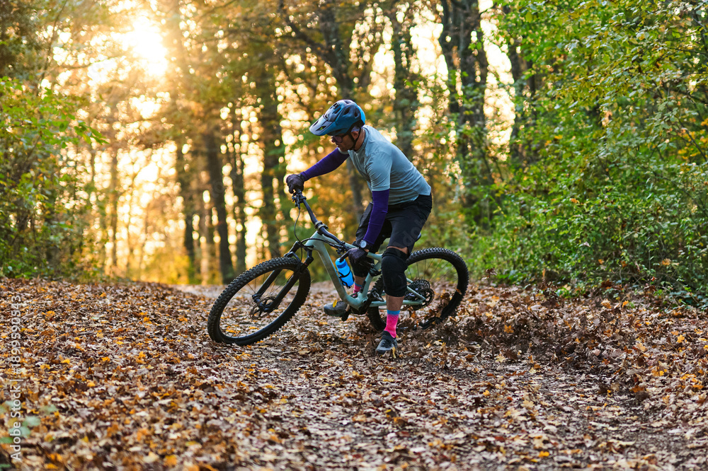 Fototapeta premium Mountain Biker Navigates Leaf-Covered Forest Trail During Golden Sunset
