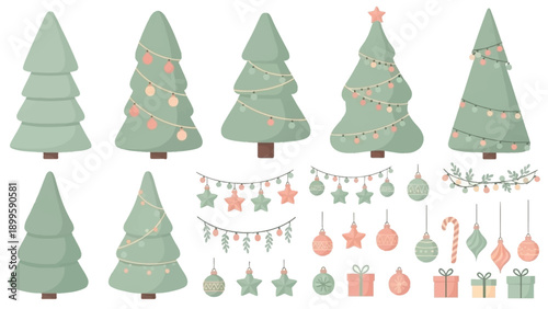Collection of festive green Christmas trees and decorations on a white background