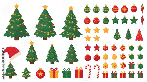 Collection of Christmas trees and festive decorations in various sizes and styles