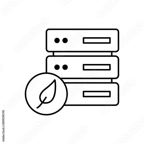 Icon a green server infrastructure with leaf sustainability symbol, isolated against a clean background.