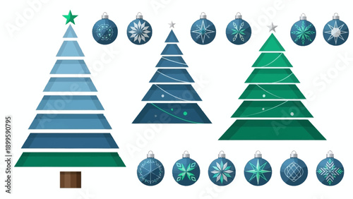 Illustration of Christmas trees with ornaments in a festive holiday scene from a straightforward viewpoint