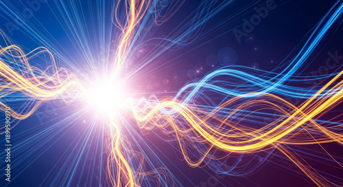 Vibrant light rays and swirling energy lines in space with bright beam