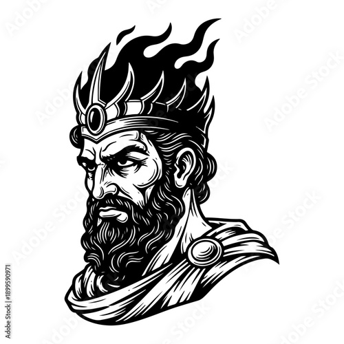 Принти на полотні Mythological god of fire with flaming crown portrait in woodcut style