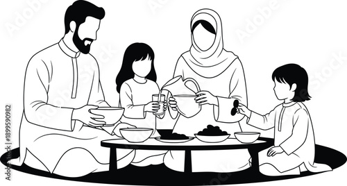 Muslim family breaking fast together sharing food during Ramadan