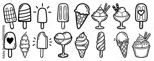 Collection of hand drawn ice cream cones and popsicles