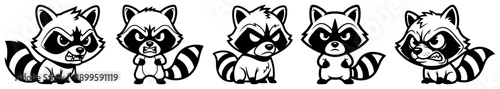 Set of cute angry raccoon cartoon characters with various expressions