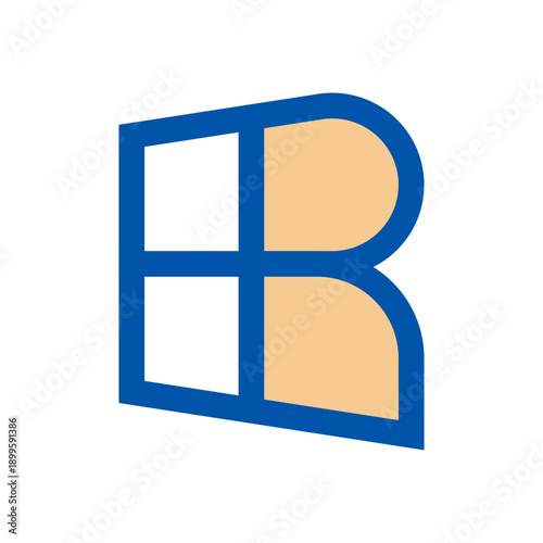Modern window screen logo shaped as the letter R, featuring a four-panel frame design. Ideal for window installation, construction, renovation, and home improvement brands.