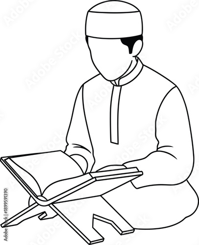 Man in traditional islamic clothing reading holy book on stand