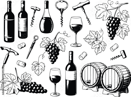 Illustration of various wine accessories and bottles in black and white