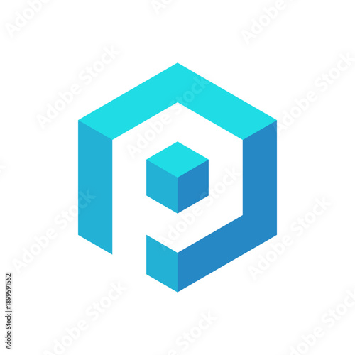 Modern 3D letter P logo in hexagon form representing box, packaging, and technology concepts. Clean geometric design suitable for logistics, software, startup, and industrial branding.