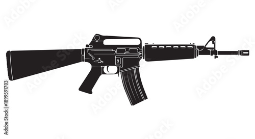 Black silhouette of a modern assault rifle on a Transparent Background, detailed illustration for design and editorial use.