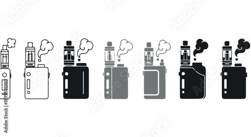 Collection of various electronic cigarette vape devices in different shades and line art styles smoking.