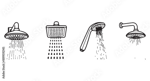 Four different shower head designs with water spraying out, bathroom fixtures, vector illustrations.