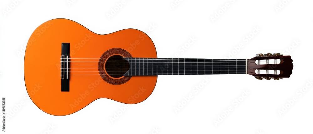 Obraz premium Classic acoustic guitar with orange body and black fretboard on white background