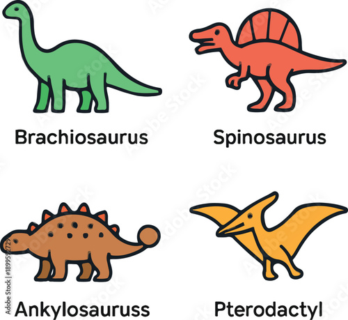 Minimalist Prehistoric Dinosaur Vector Icon Set Flat Line Art Spinosaurus and Brachiosaurus.