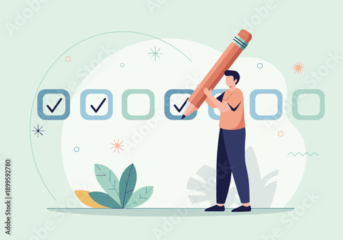 Man completing a checklist with a giant pencil, task completion concept