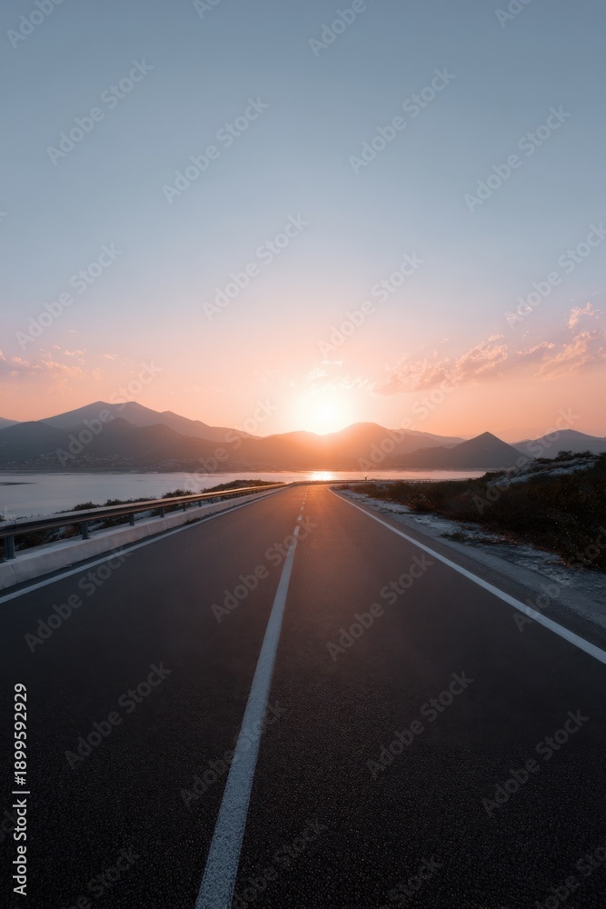 Fototapeta premium Sunset over open road with mountain views and clear sky
