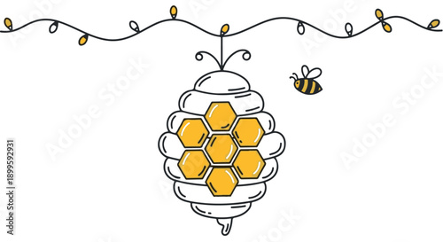 A cartoon illustration of a beehive with a honeycomb and a flying bee, surrounded by a string of lights.