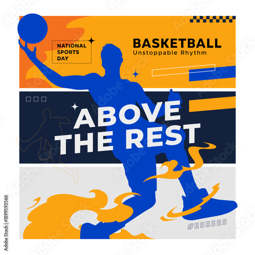 Professional basketball player silhouette in powerful action. Vibrant athletic poster featuring "Above The Rest" theme and unstoppable rhythm for sports championship and fitness motivation. Sport Day