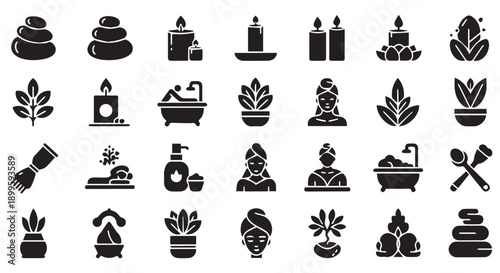 Black icons of spa and wellness symbols, including candles, plants, bath, and stones on Transparent Background for relaxation and self care.