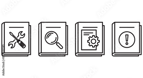 Four line icons of books with tools for maintenance, search, settings, and alerts on Transparent Background for business and technology concepts.