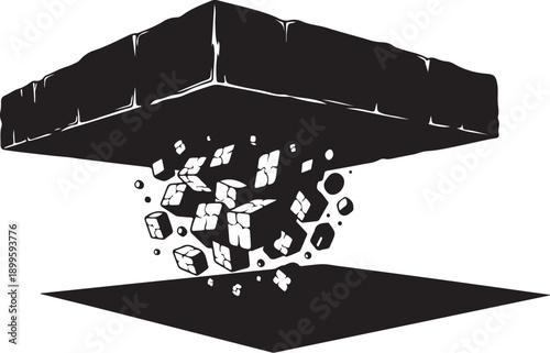 Black cube exploding into fragments and falling apart quickly