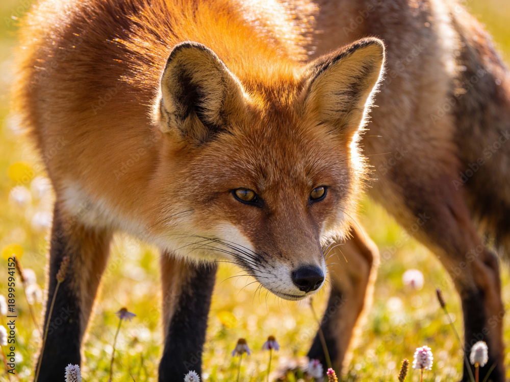 Fototapeta premium A fox is walking through a field of flowers