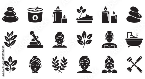 Black icons for spa, wellness, and beauty concepts, including candles, plants, stones, and people.