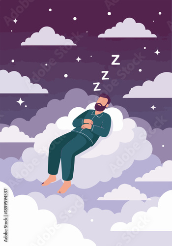 Relaxed man sleeping in pajamas on a cloud under starry night sky