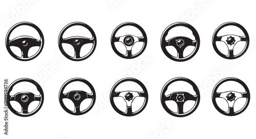 Collection of various steering wheel designs and styles in black and white for automotive concepts