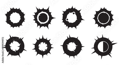 Collection of eight black spiky circular icons or frames on Transparent Background for design and decoration purposes.