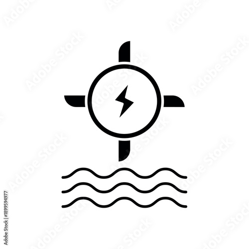 Icon a hydro power generation with water waves and turbine, isolated against a clean background.