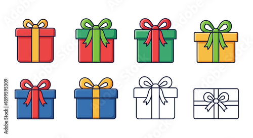 Colorful flat vector gift box icons with festive bows and outlines EPS10 Stock.eps