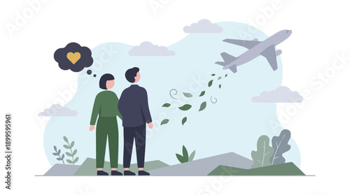 Couple watching an airplane take off, symbolizing travel, love, and departure