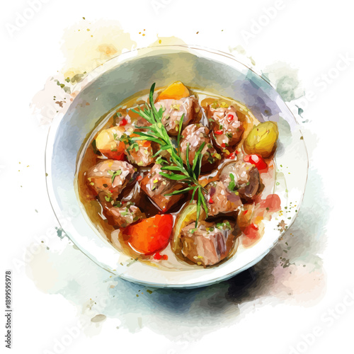 Lamb Stew, watercolor drawing vector, isolated on a white background.