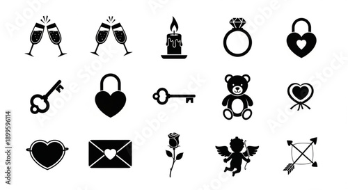 Elegant collection of silhouette vector icons illustrating key concepts of love, romance, and commitment, ideal for Valentine's Day, wedding, and anniversary themed design projects
