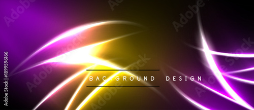 Abstract neon lights create vibrant, dynamic background. Purple, gold hues blend, forming flowing lines, modern design element.