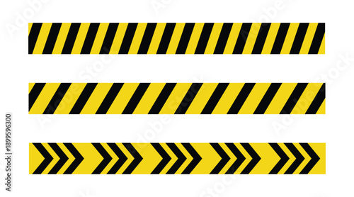 Yellow black hazard stripes set. Diagonal caution warning bars. Industrial safety stripe patterns. Bold chevron direction design. Visual elements for construction signs and banners