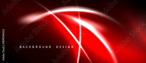 Abstract red design features glowing lines, curves. Dark background emphasizes bright energy, modern aesthetic. Simple text reads background design.